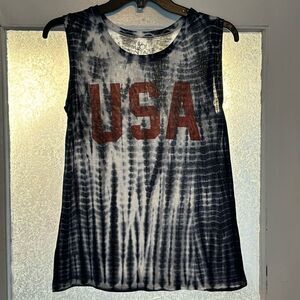 LOL Vintage Women’s Blue and White Tie Dye Sleeveless USA Tank Top Size M